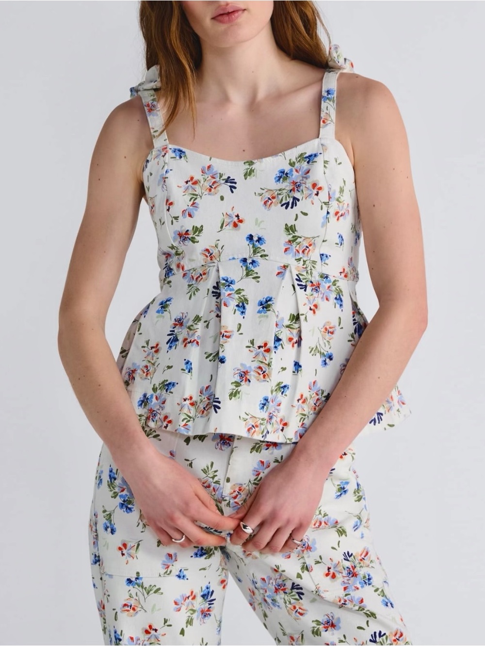 Floral Sleeveless Tie-Shoulder Peplum Top